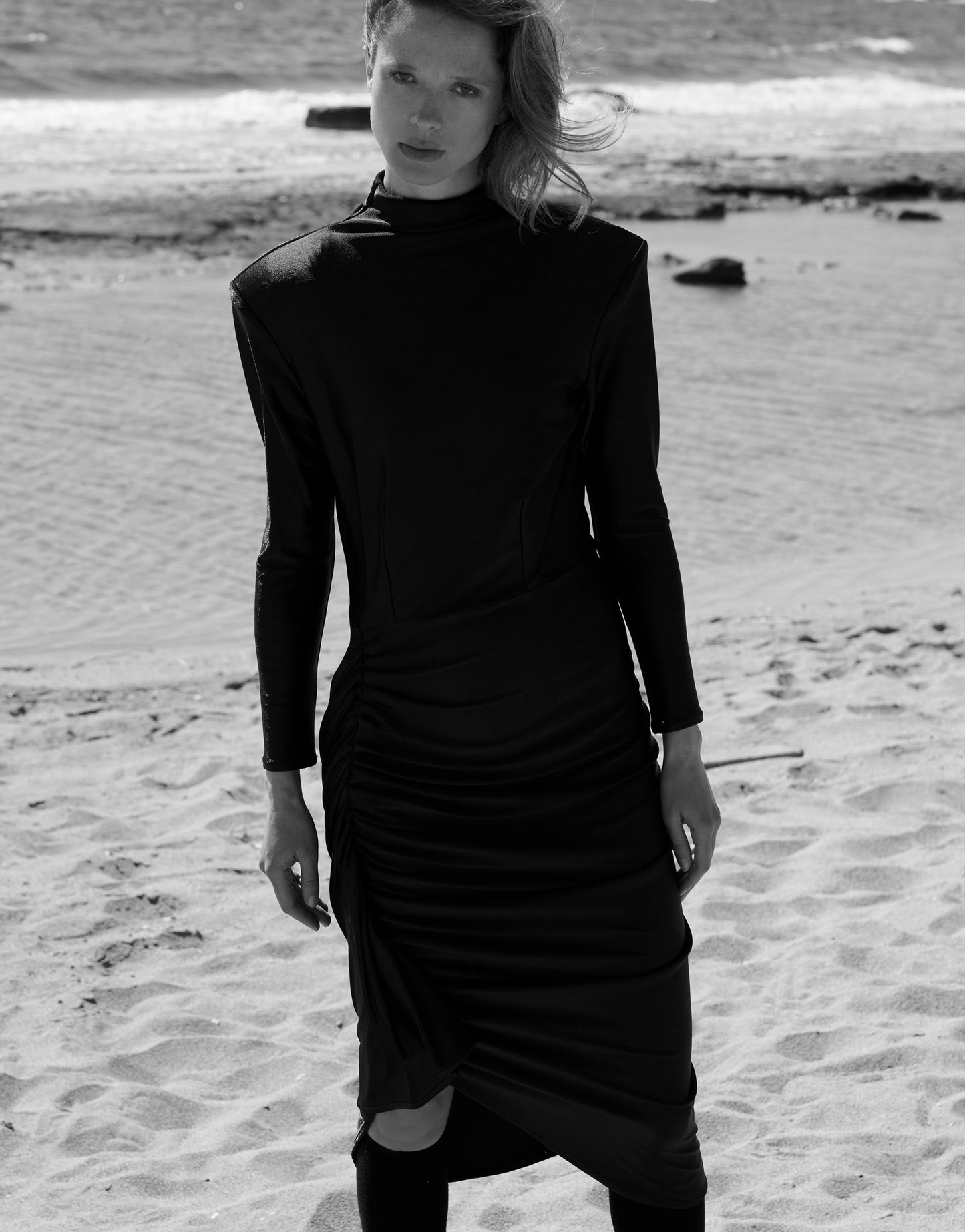 Black velvet ruched midi dress