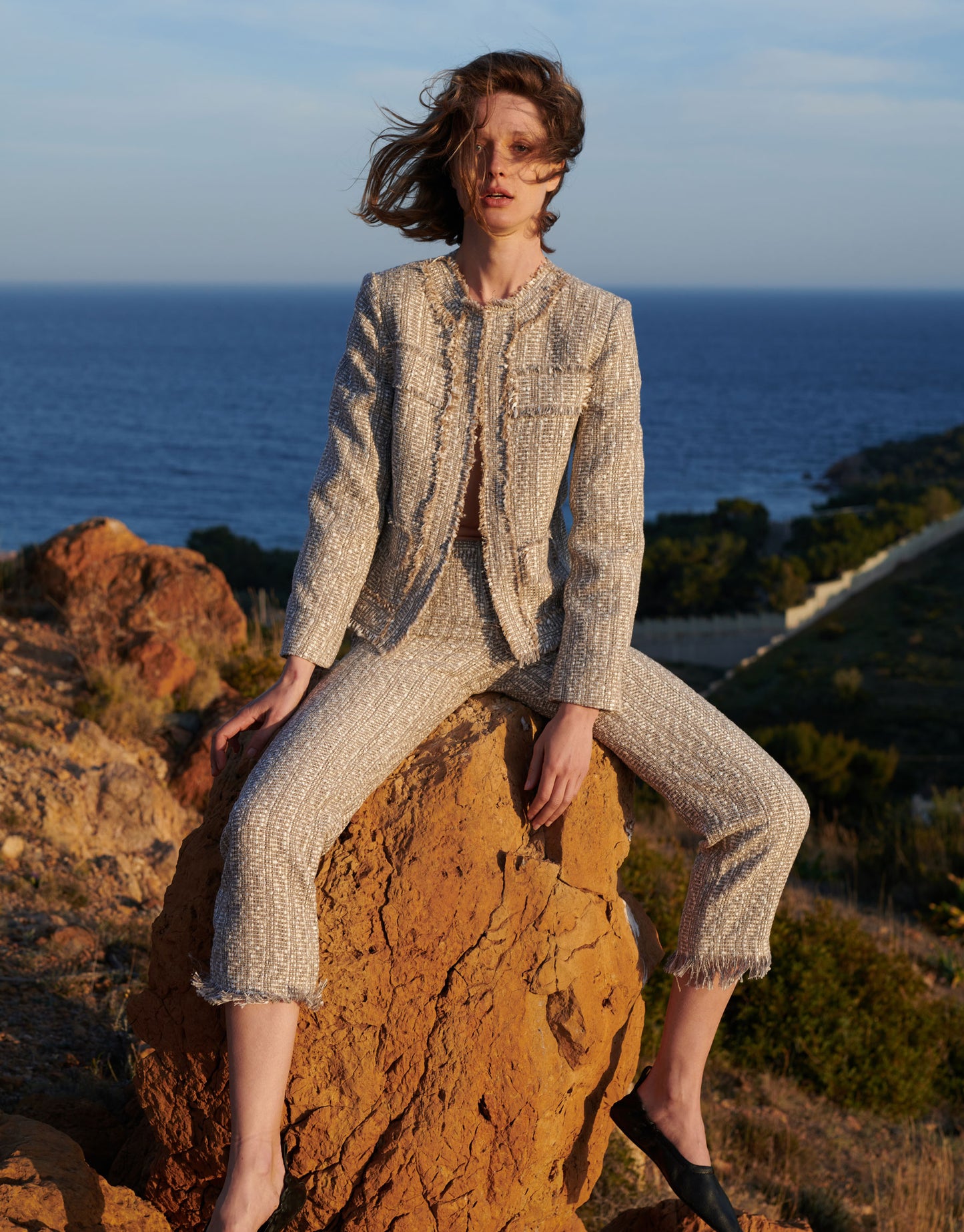 Tweed jacket and high waist pants