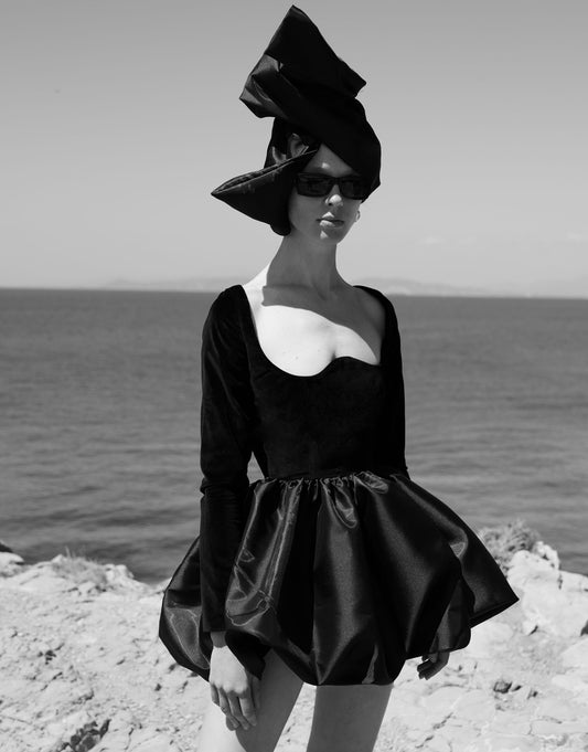 Black velvet and chiffon short dress