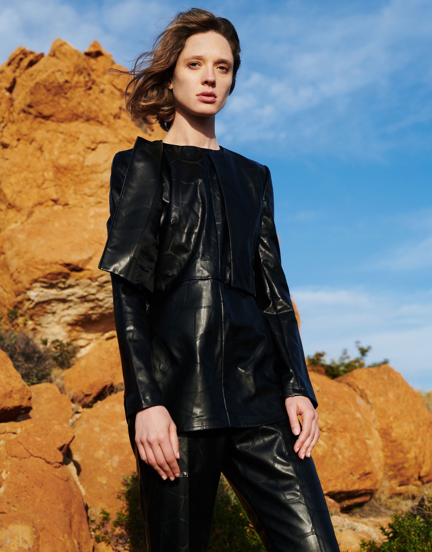 Eco Leather cropped jacket & high waist pencil pants